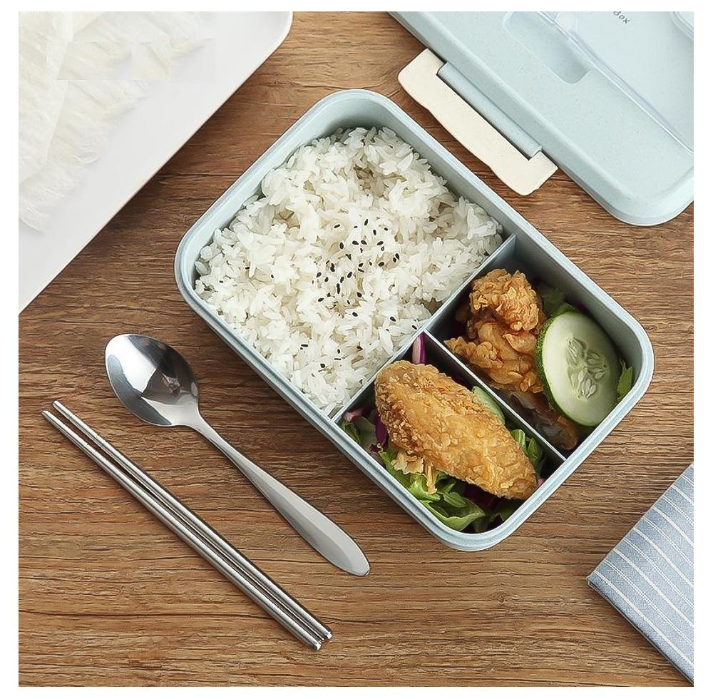 Hộp Cơm Văn Phòng Lúa Mạch 3 Ngăn, Kèm Đũa Muỗng Inox