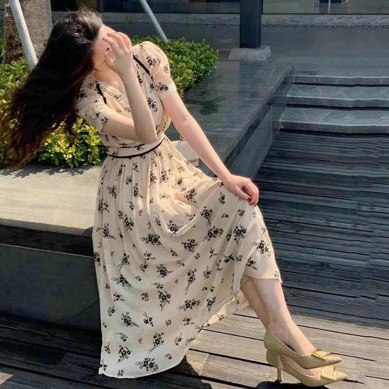 [Mới] Đầm Xòe Phối Viền Eo Tay Phồng