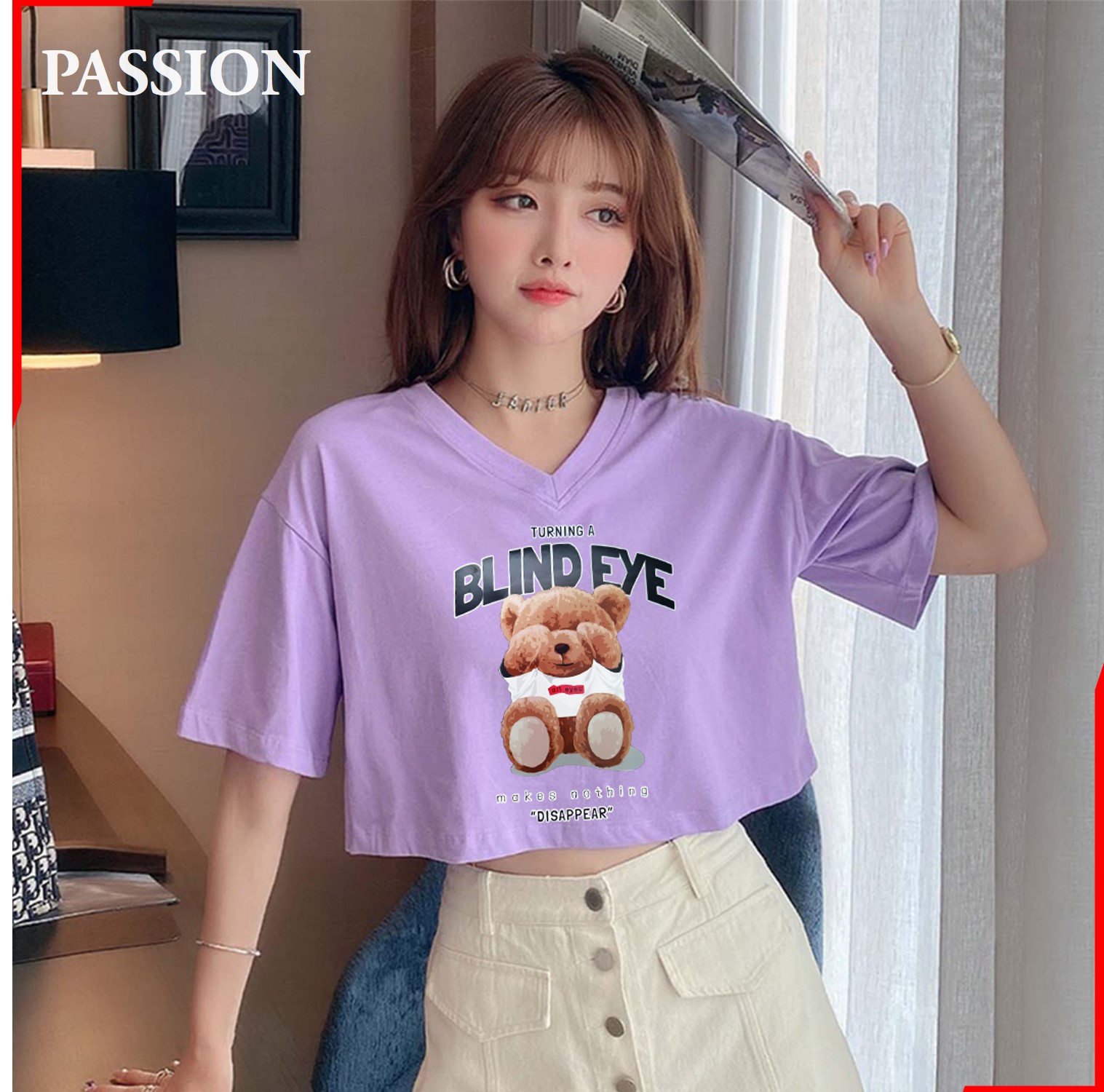 Áo thun croptop form rộng cổ tim in hình con gấu, kiểu dáng Ulzzang, croptop phom rộng cổ chữ V