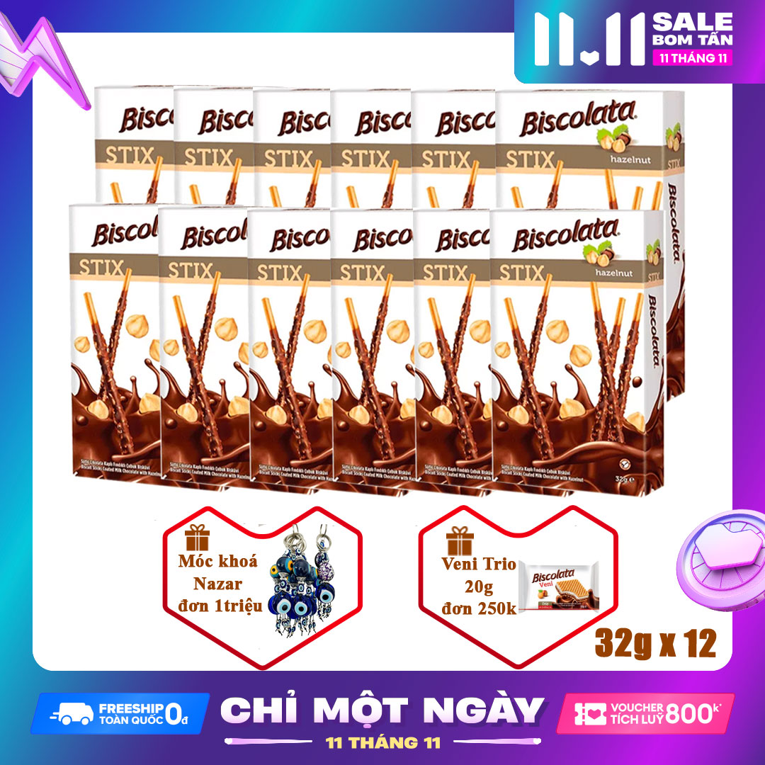 Bánh que Socola hạt phỉ Biscolata Stix 384g (32g x 12 pack)
