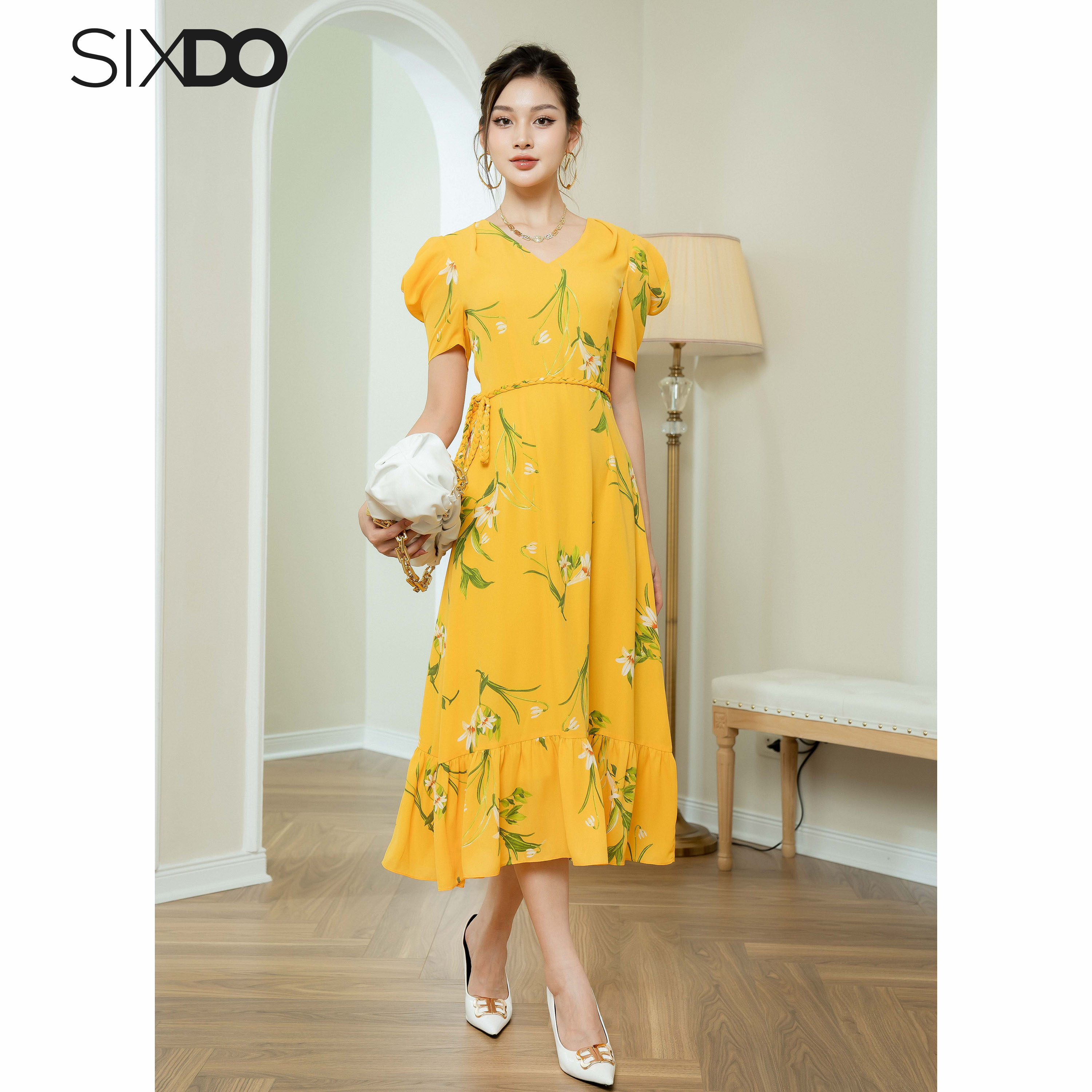 Đầm hoa chiffon vàng cổ V SIXDO (Yellow Floral Midi Chiffon Dress)