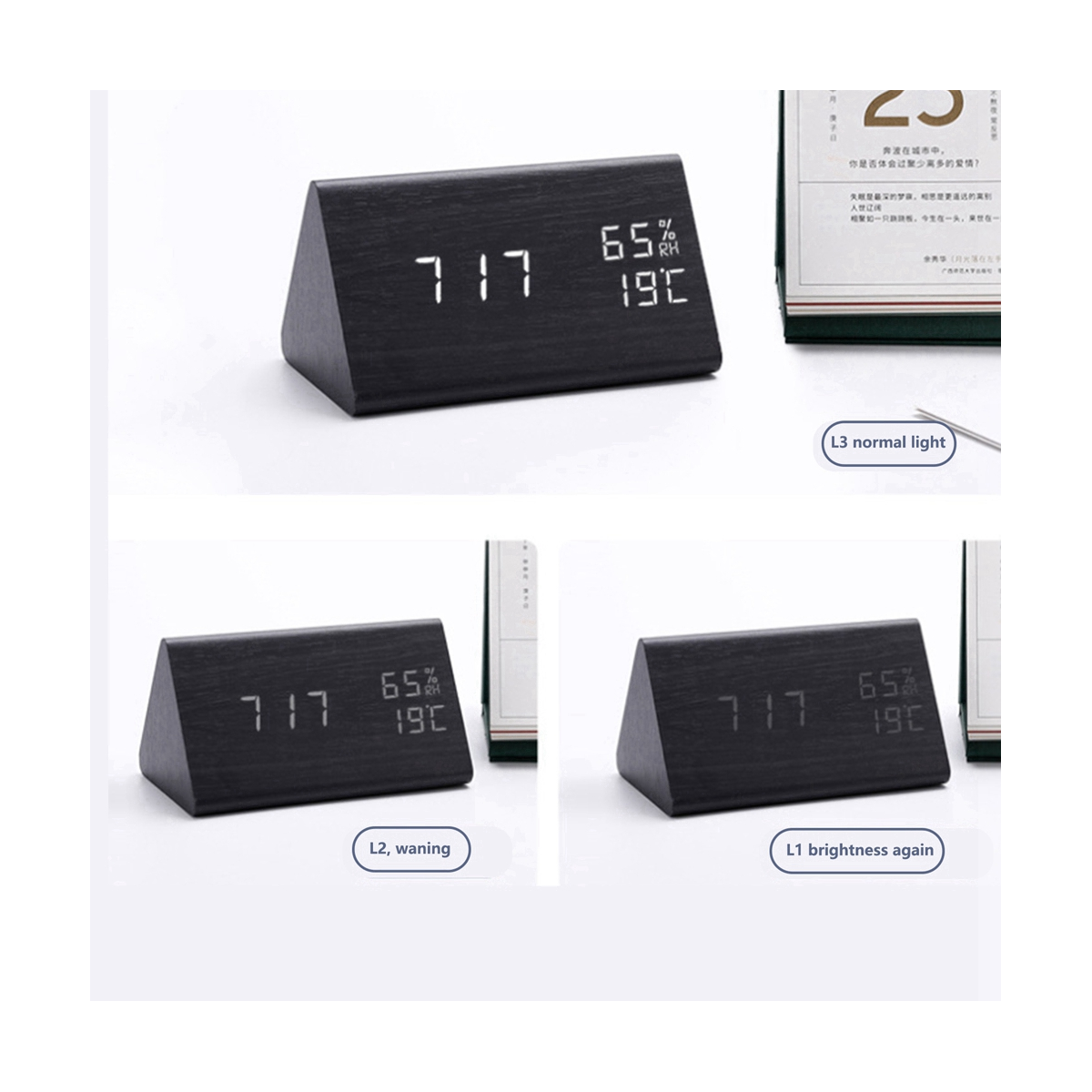 Alarm Clock Digital Wood LED Table Clock with Humidity and Temperature Display USB Power Connection