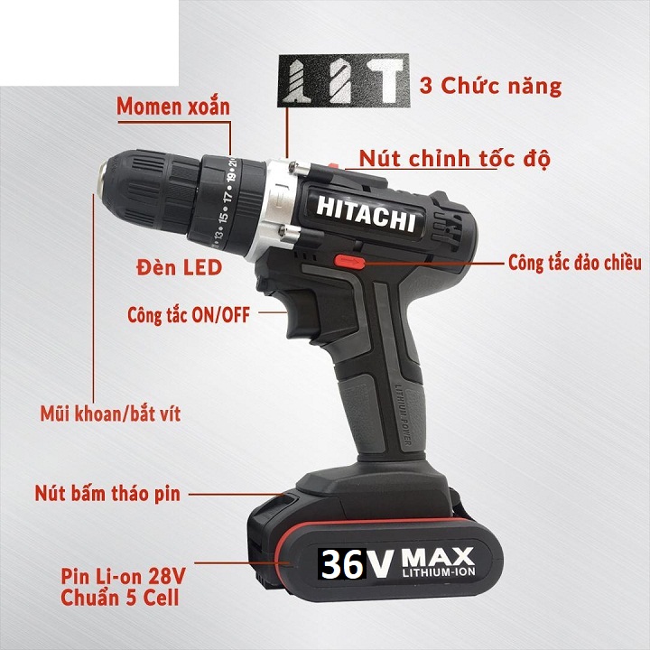 Máy Khoan Pin HITACHI 36V + 2PIN 36V (Có chức năng khoan búa) New 2020