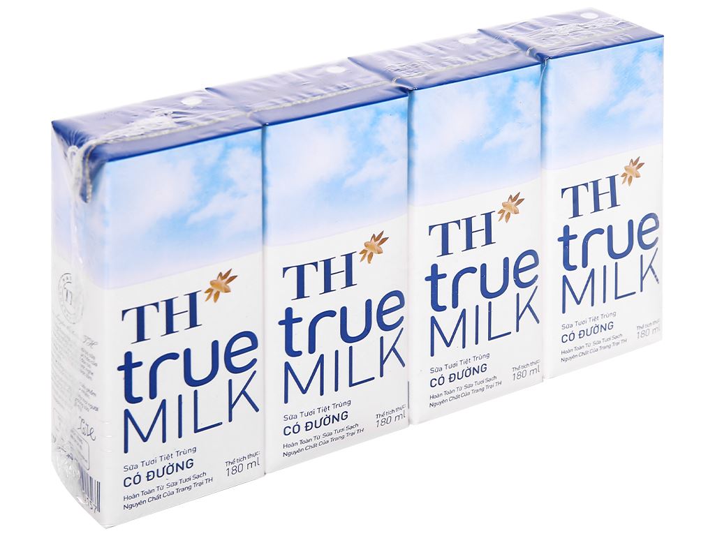 Sữa tươi TH true milk 180ml bán vỉ có đường ít đường
