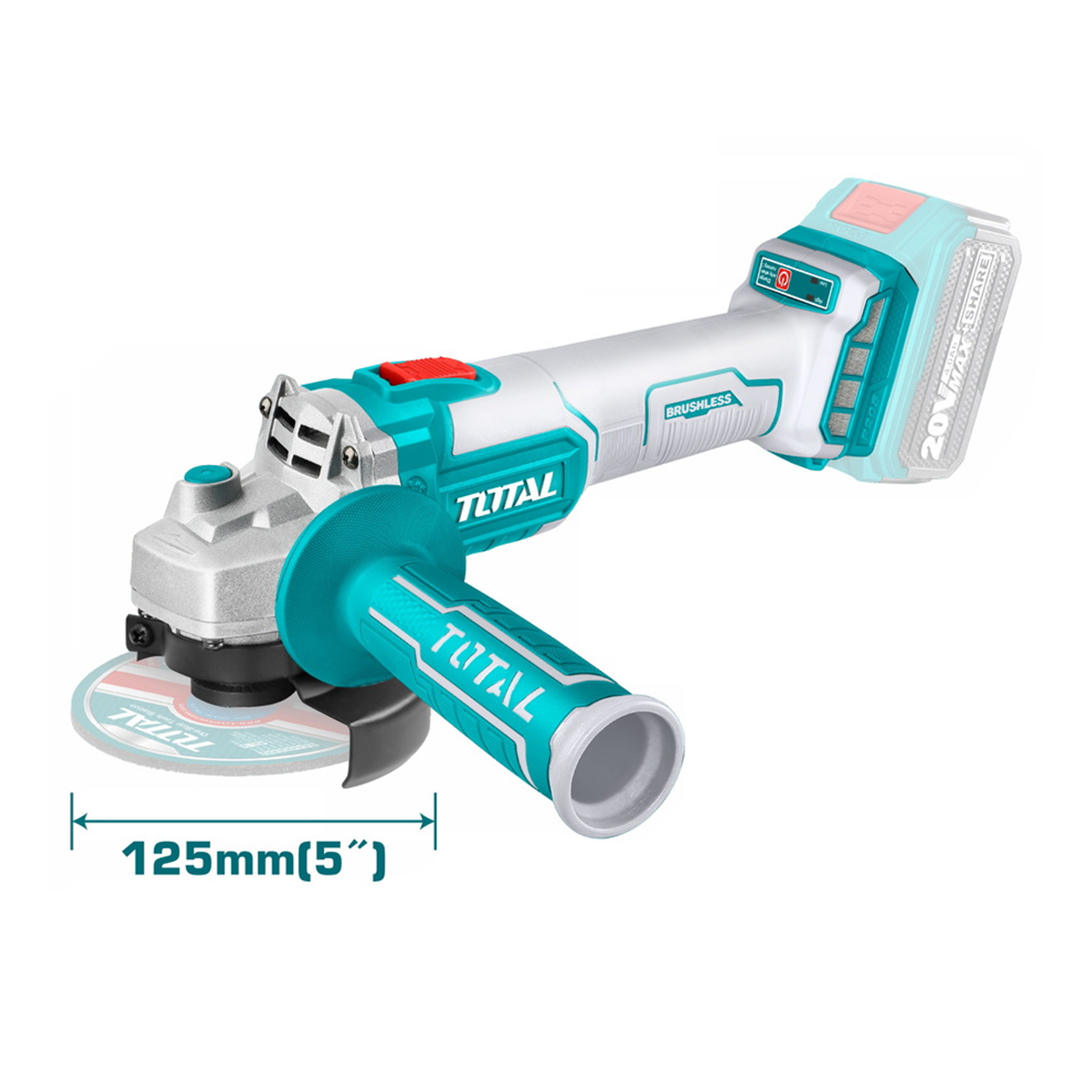 Máy mài góc dùng pin 20V TOTAL TAGLI201258 Motor không chổi than kèm 2 pin 4ah, 1 sạc, 1 túi đồ nghề, 10 đĩa mài