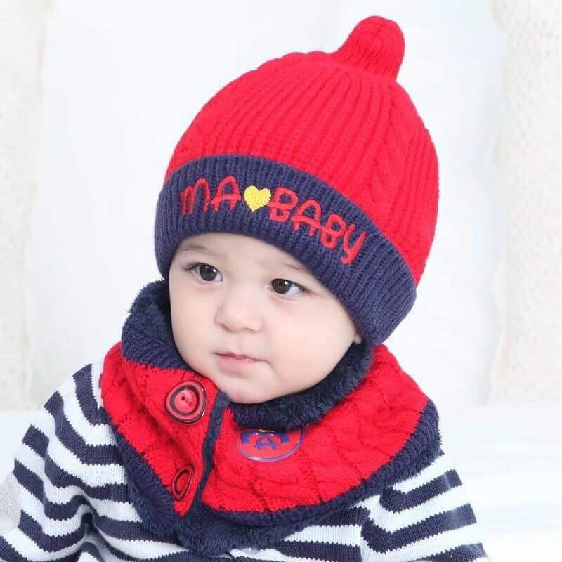 Set Mũ Len Kèm Khăn Họa Tiết Dễ Thương Cho Bé