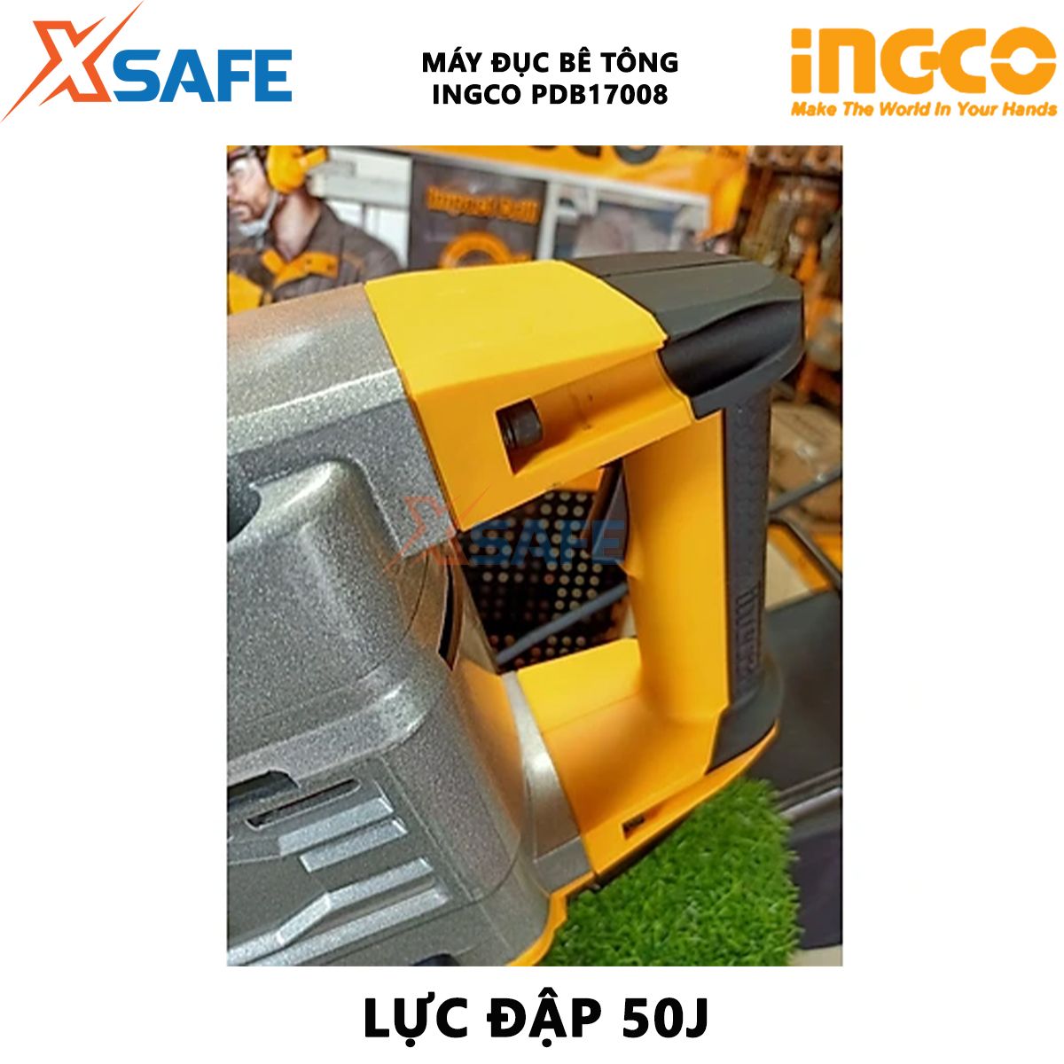 Máy đục bê tông INGCO PDB17008 | Máy khoan đục 1700W, Tốc độ đập 1400 lần/phút, Lực đập 50J, Đầu cặp SDS Hex, khoan đục phá tường, bê tông, vật liệu cứng