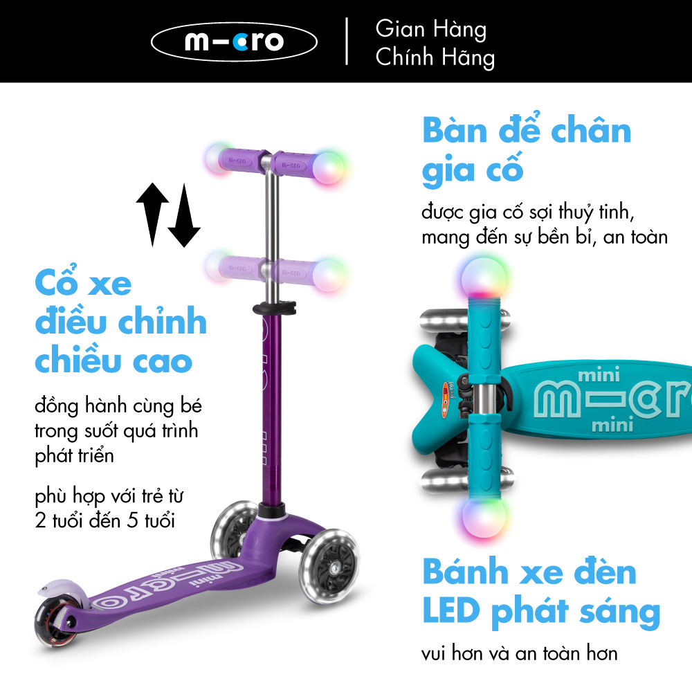 Xe trượt scooter Micro Mini Deluxe Magic (phiên bản tay cầm và bánh xe đèn LED)