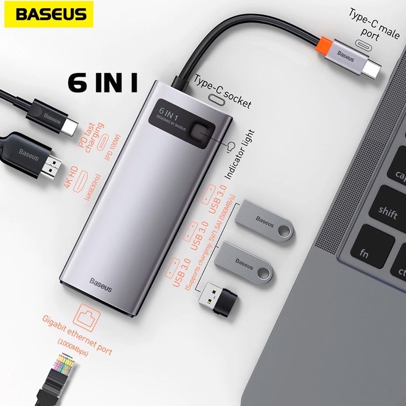 Cáp Chuyển Hub Type C Baseus 6 in 1 (TYPE C To USB 3.0 x 3 + HDMI 4K + Type C PD + LAN RJ45)