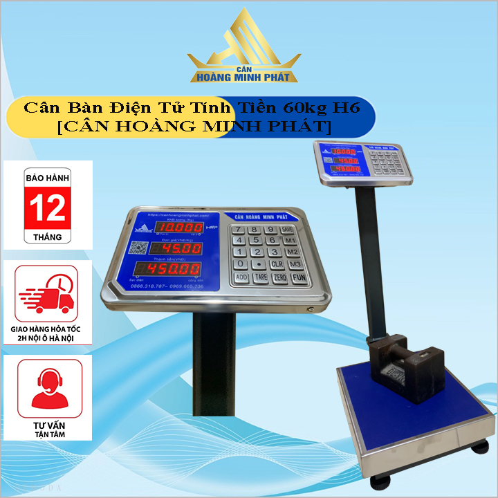 Cân điện tử - Cân bàn điện tử 60kg H6. Có chức năng trừ bì, tính tiền. Mâm cân INOX 30x40cm, dùng cân hàng hóa, nông sản