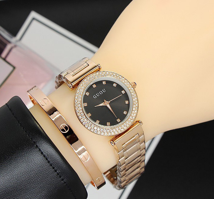 [HCM]Đồng hồ nữ dây thép đặc cao cấp đính hạt Guou 8112T