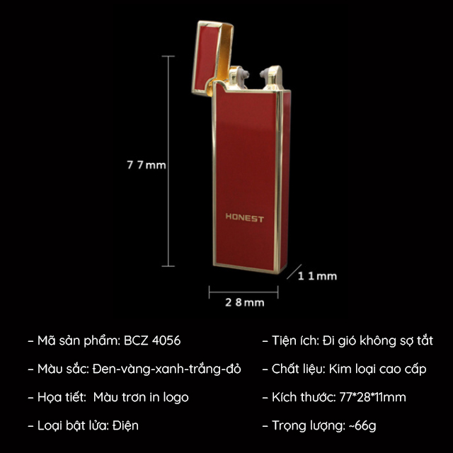 Hộp Quẹt Bật Lửa Sạc Điện Vảy Tia Lửa Plasma Đan Chéo Honest BCZ4056