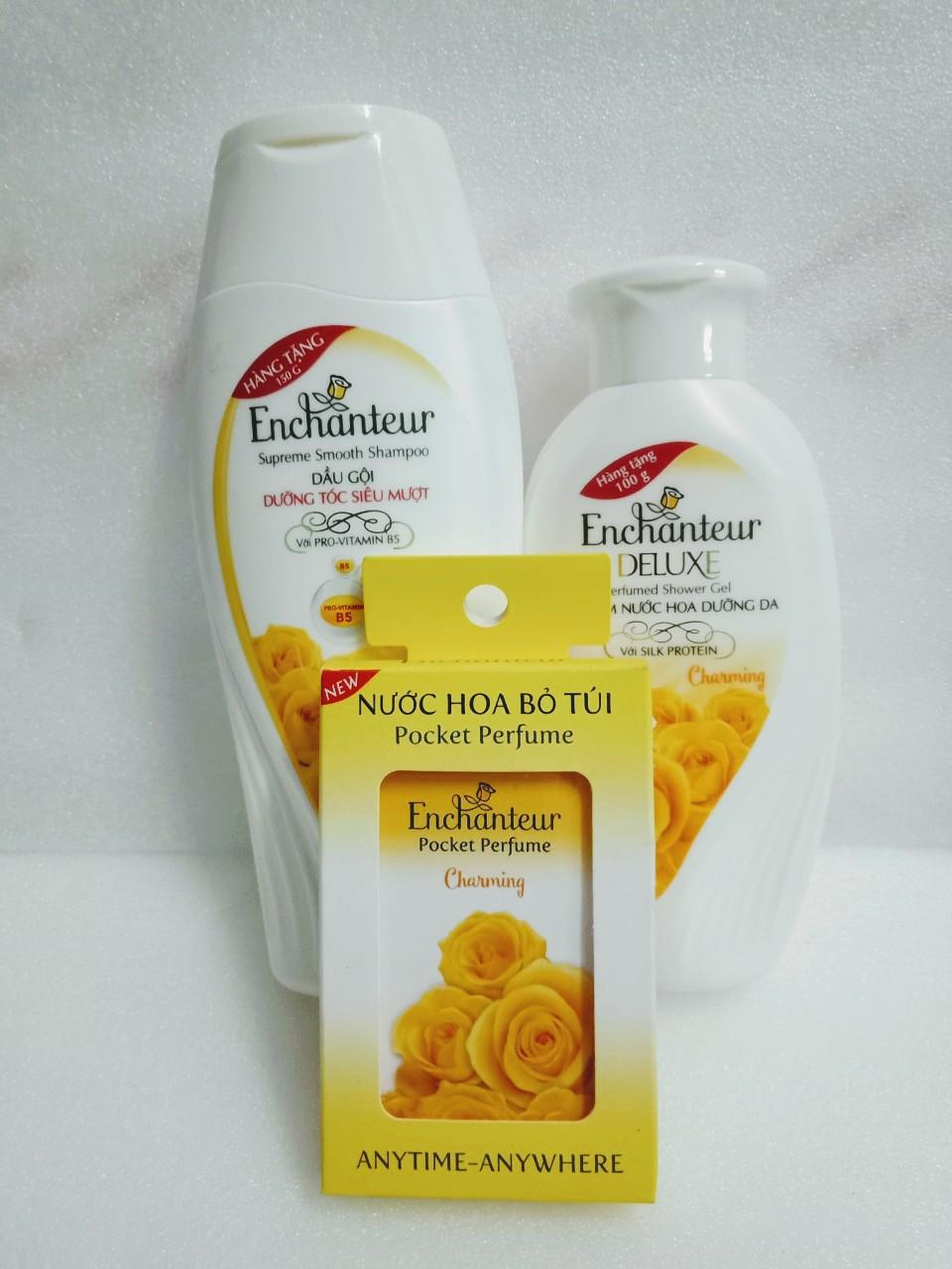 Bộ 3 sản phẩm cho phái đẹp : 1 sữa tắm nước hoa Pháp En 100g, 1 dầu gội siêu mượt En 150g, 1 nước hoa bỏ túi En 18ml