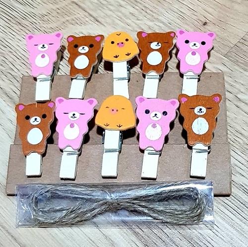 Bộ 10 Kẹp Gỗ Hình Dễ Thương Treo Hình Ảnh + Đoạn Dây Thừng Gai 2 Ly