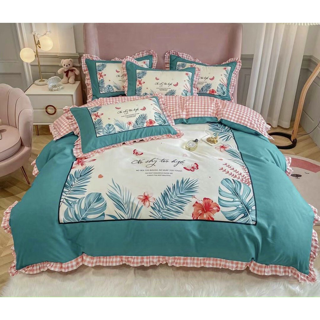 Bộ drap & chăn chần bông cotton bèo - lá xanh
