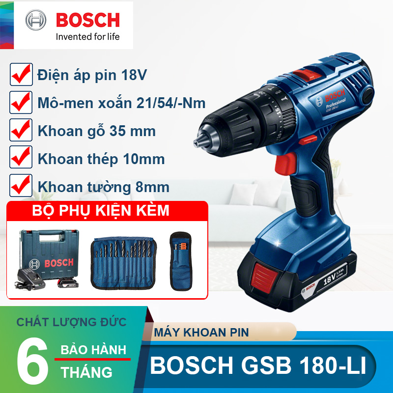 [Trả góp 0%] Máy khoan vặn vít dùng pin 18V Bosch GSB 180 LI 2pin, 1 sạc , bộ phụ kiện