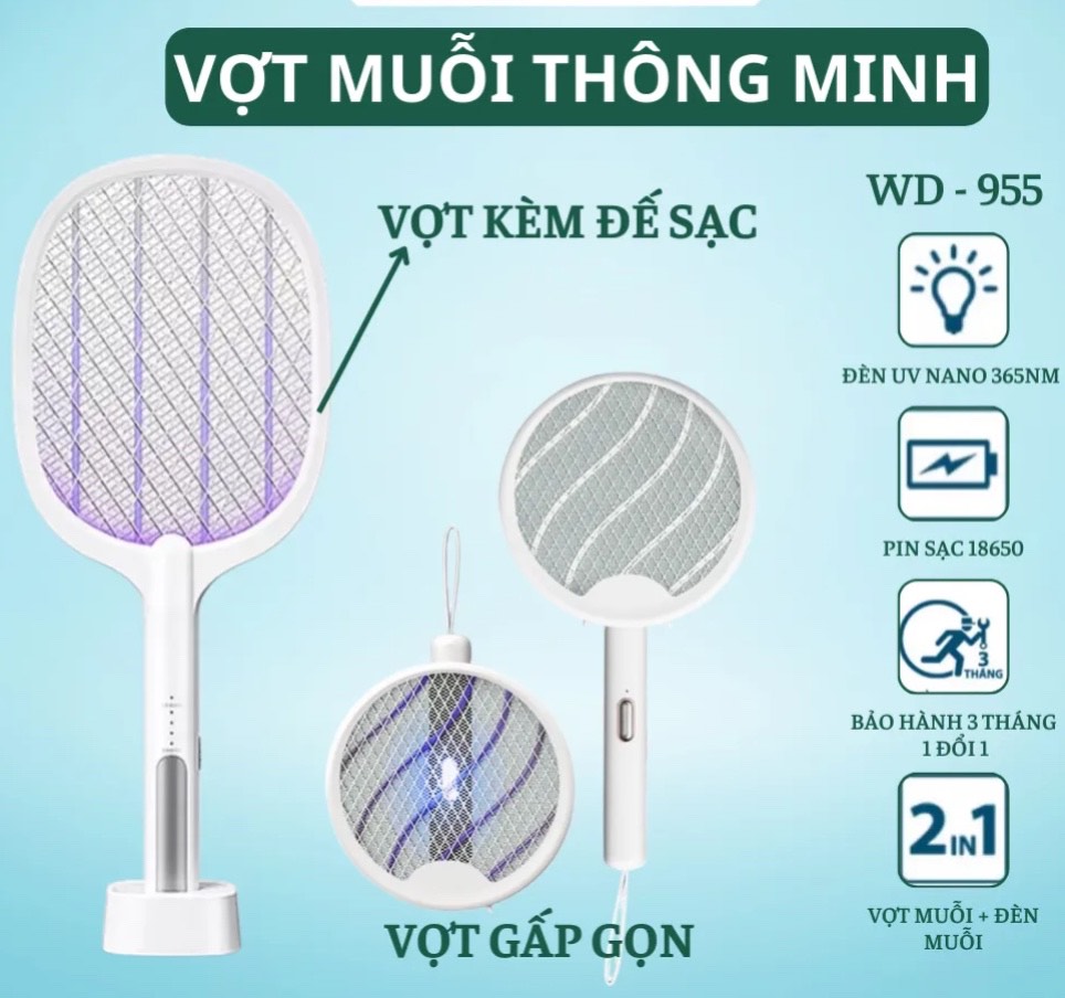 Vợt Diệt Muỗi Kèm Đế Sạc Thông Minh 2in1 Kiêm Đèn Bắt Muỗi Tự Động Ban Đêm