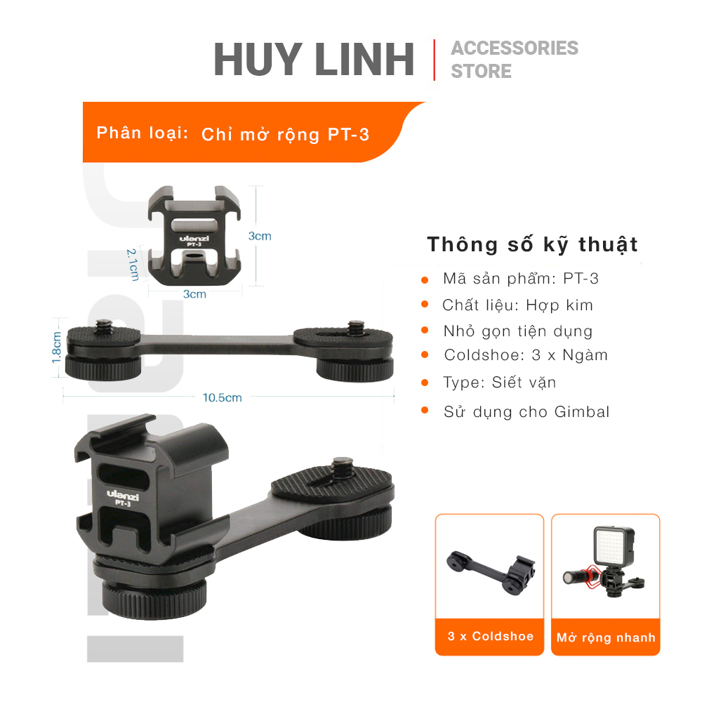 Thanh ngàm mở rộng Ulanzi PT-3 Triple Cold Shoe Mount - Gắn thêm đèn studio, micro