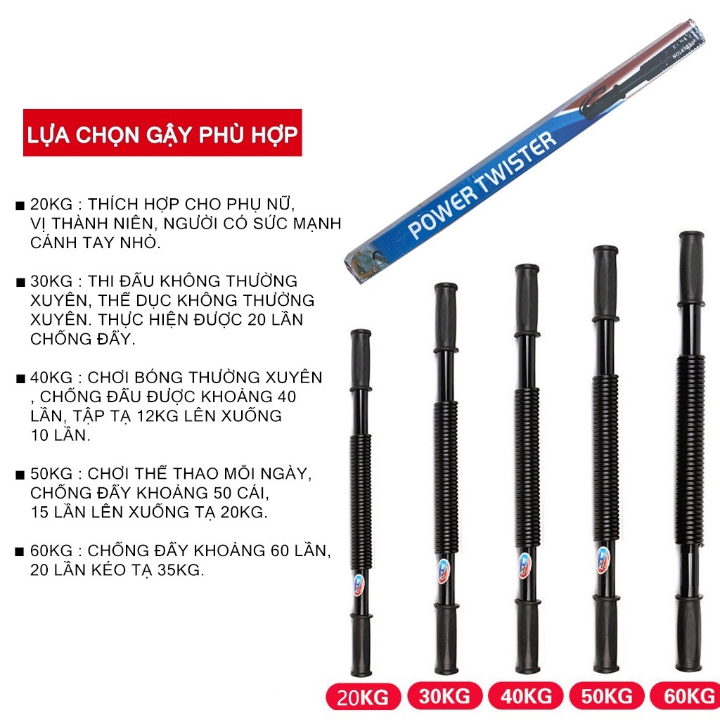 Gậy tập cơ tay ZATA, Gậy bẻ tập cơ tay lò xo đàn hồi Titan 20kg, 30kg, 40kg, 50kg, 60kg kháng lực tập gym