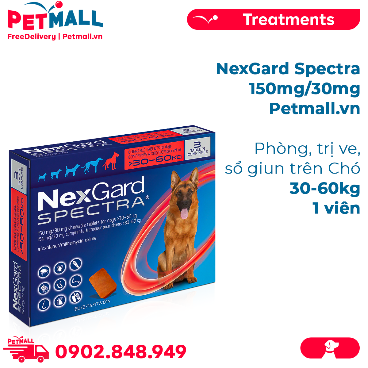 NexGard Spectra 150mg/30mg Phòng diệt ve sổ giun trên Chó 30-60kg - 1viên Petmall