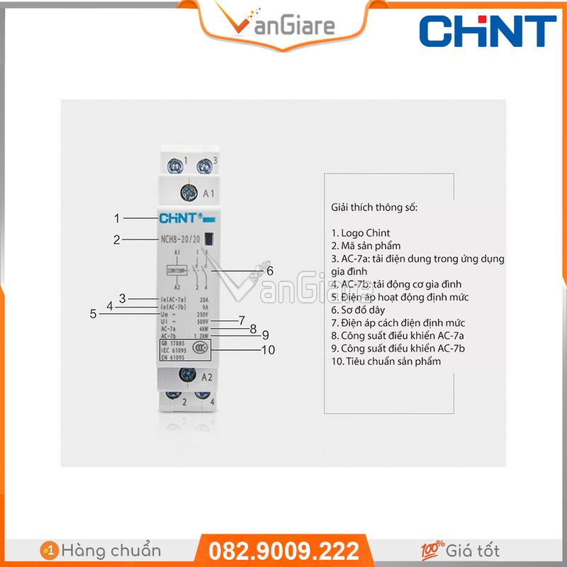 Khởi động từ 1 pha (Contactor) 20a ChiNT NCH8-20/20