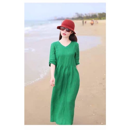 Đầm linen cổ tim nhún eo tay lỡ [ chất linen bột thoáng mát thấm hút mồ hôi+ tặng kèm dây nơ eo ]