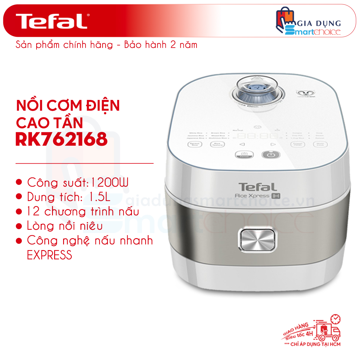 Nồi Cơm Điện Cao Tần Tefal RK762168 - 1,5l, 1200W, Lòng Nồi Niêu, 12 Chương Trình Nấu, Nấu Siêu Tốc, Hàng Chính Hãng, Giao Hỏa Tốc