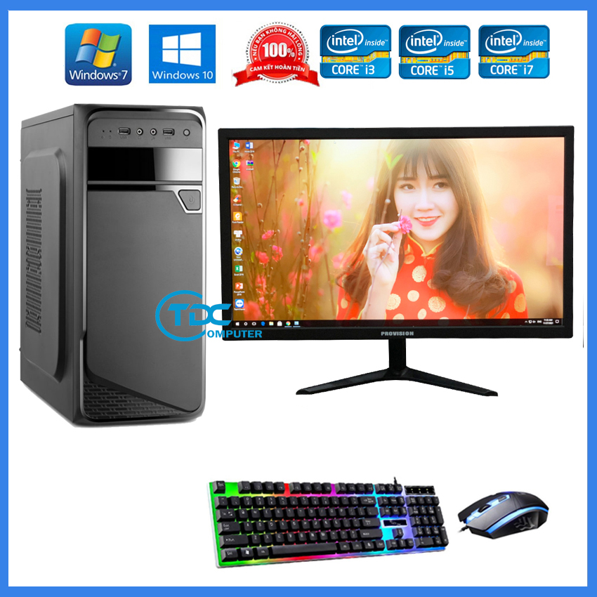 Bộ máy tính để bàn PC Gaming + Màn hình 24 inch Provision Cấu hình core i3, i5 i7 Ram 4GB, SSD 240GB + Quà Tặng bàn phím chuột chuyên Game LED