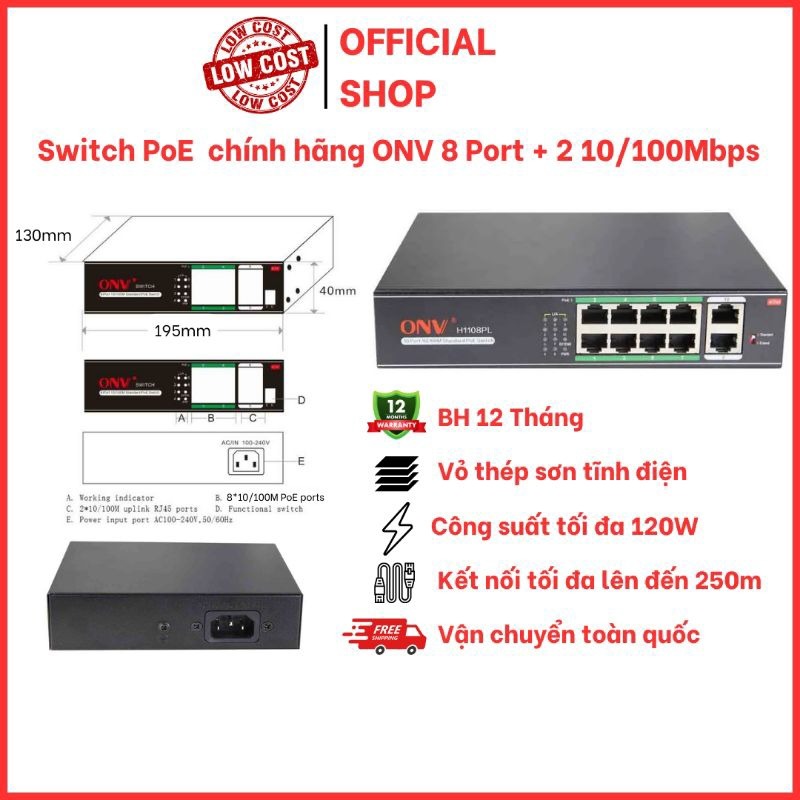 Switch poe chính hãng onv 8 cổng + 2 cổng uplink model onv-h1108phc
