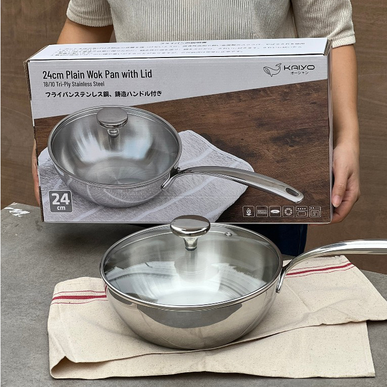Chảo đúc inox 3 lớp chống dính tự thân đáy liền sâu lòng kaiyo tri ply có vung kính