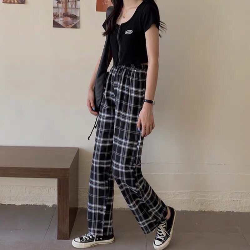 Quần nữ quần baggy caro nữ ống suông y hình