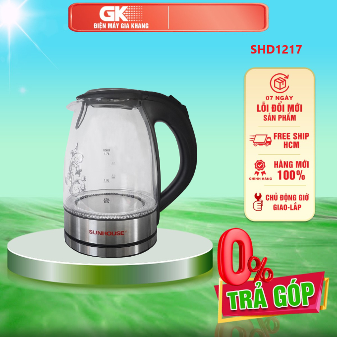 Bình đun siêu tốc thủy tinh Sunhouse 1.7 lít SHD1217 - GIAO TOÀN QUỐC