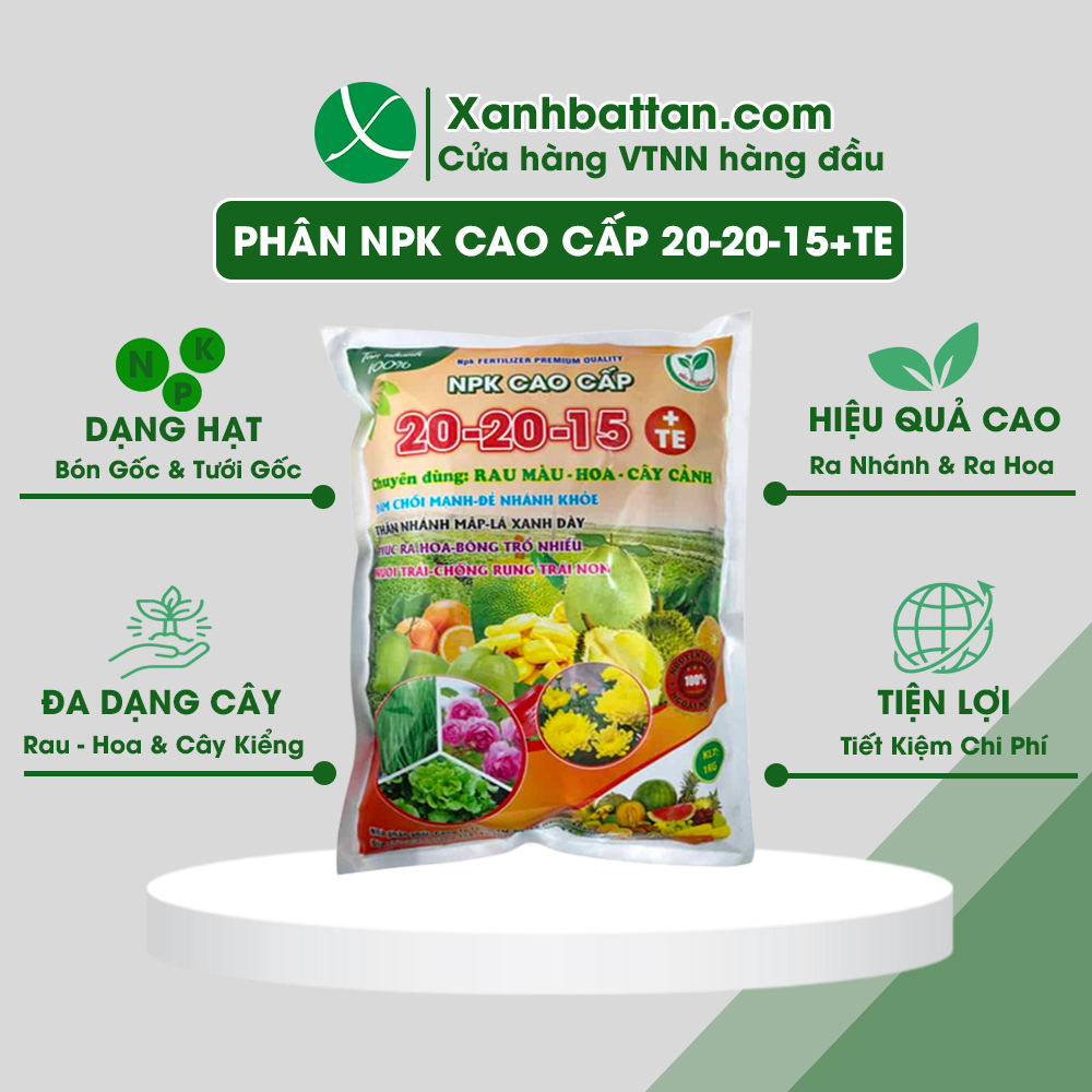 Phân bón npk 20-20-15+te cho hoa hồng - cây kiểng và rau màu gói 1 kg