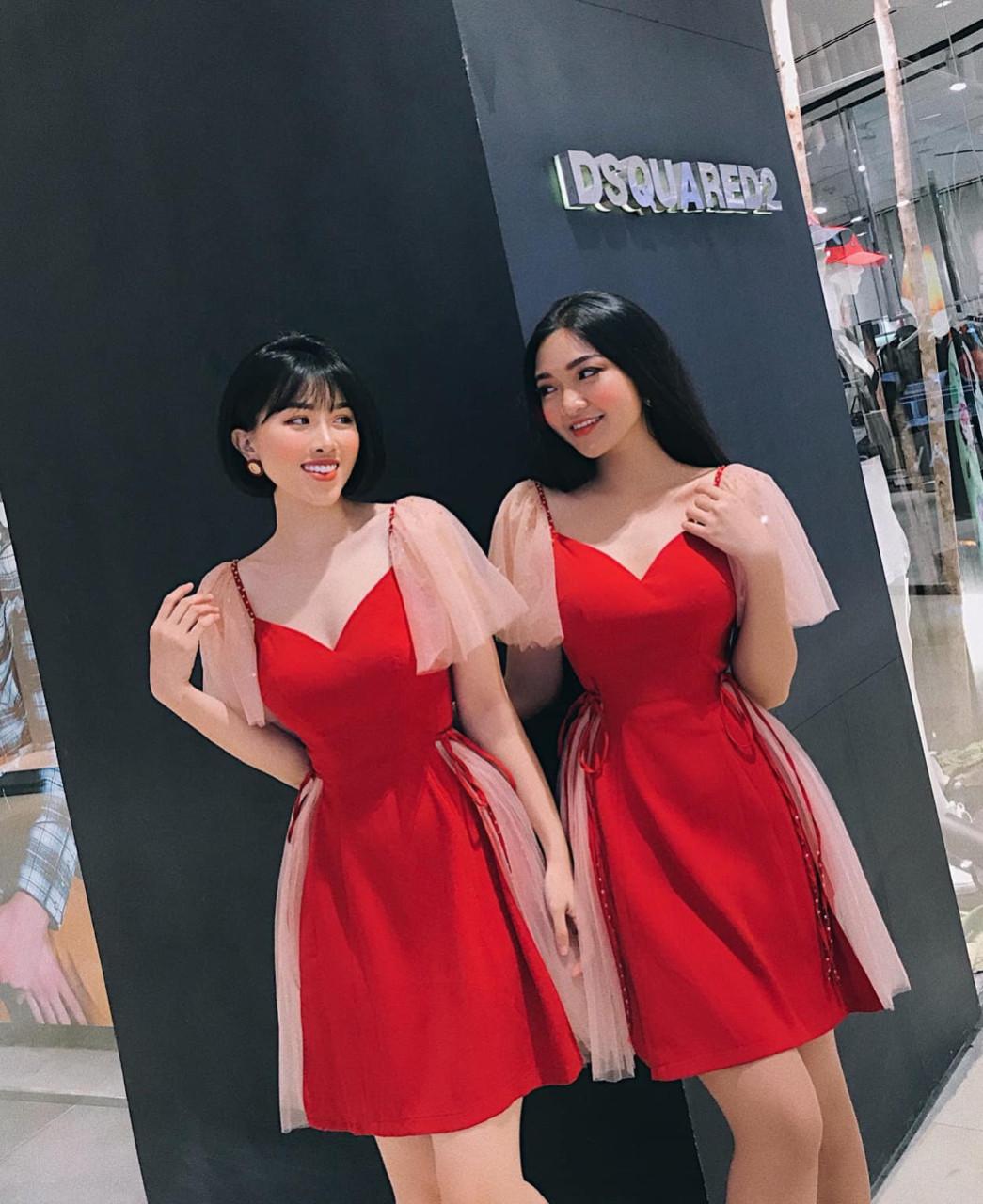 Đầm xòe phối lưới cột nơ eo lụa ý cao cấp-QH