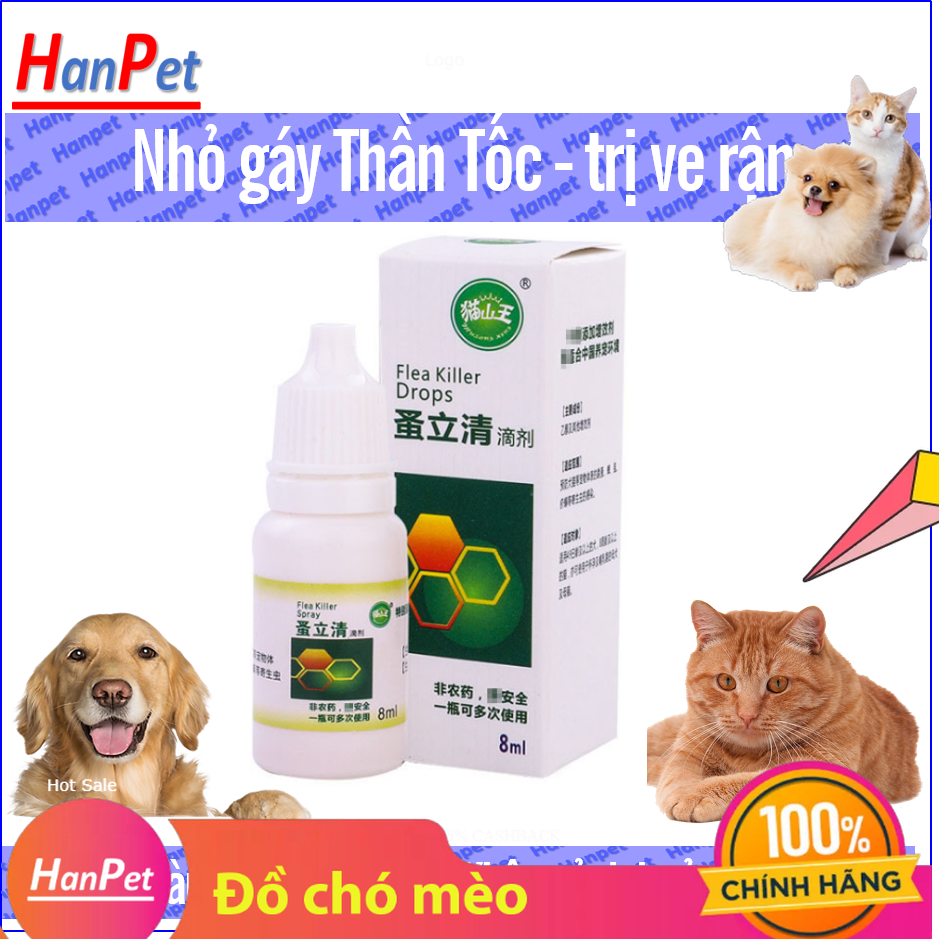 Hanpet - Nhỏ gáy trị ve rận dạng 1 ống (3 loại) Fronil spot , Nhỏ rận Hongkong và Thần tốc 8ml (dùng cho mọi loại chó và mèo)