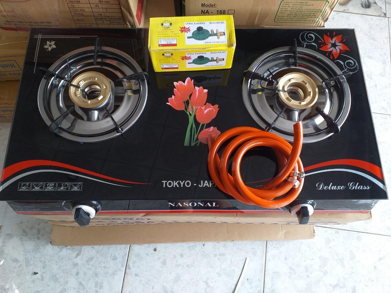 Bếp gas chén đồng kính cường lực nasonal, tặng bộ van dây cao cấp ngắt ga tự động