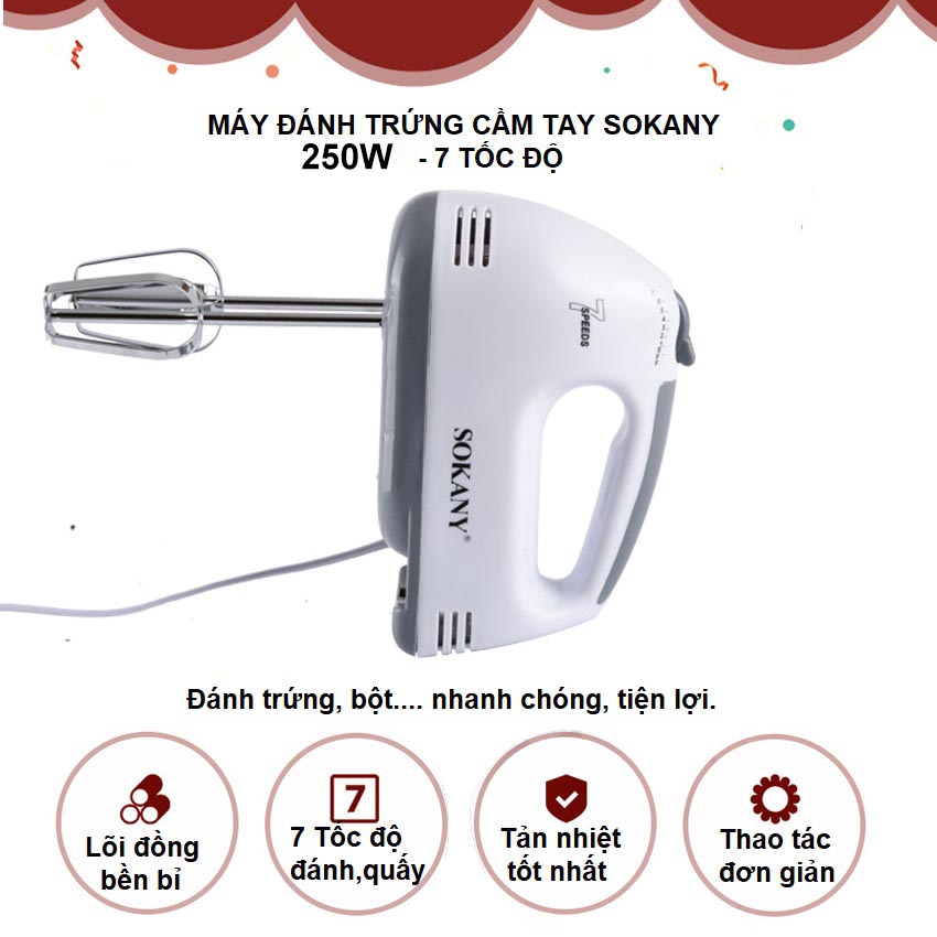 [ Xả Kho - Thanh Lý 50% ] Máy Đánh Trứng, Trộn Bột Làm Bánh Kèm Chậu 2 Lit Siêu Khỏe, 7 Tốc Độ, Vỏ Inox Sáng Bóng, Dễ Dàng Vệ Sinh, Máy Đánh Trứng Cầm Tay Sokany CX-6620 Công Suất 250W Hàng Phân Phối Chính Hãng - Bảo Hành 12 Tháng