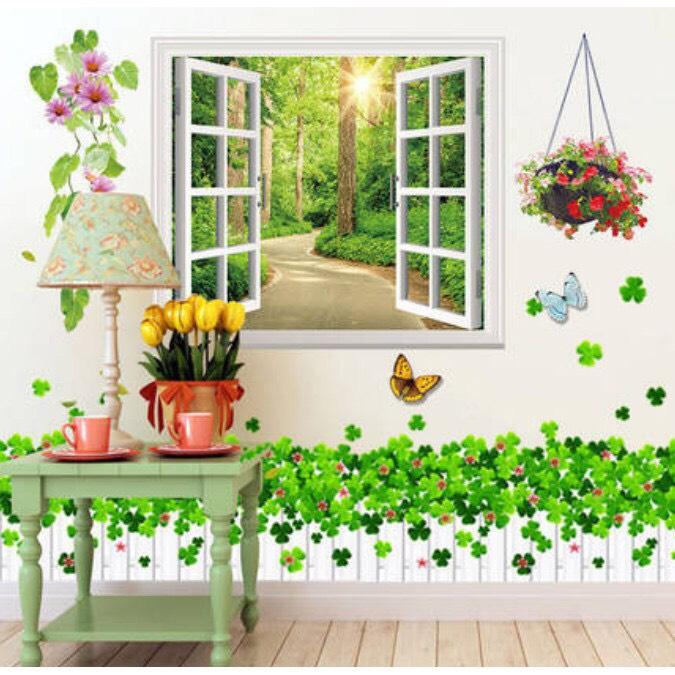Hcm-bộ combo decal ghép đôi dán tường - cửa sổ con đường cong và hàng rào trắng