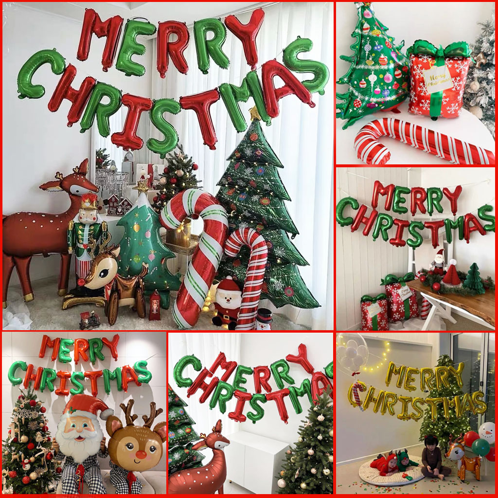 Set bong bóng trang trí Noel Giáng Sinh MERRY CHRISTMAS, Bóng Cây thông Người Tuyết Ông Già Noel 4D