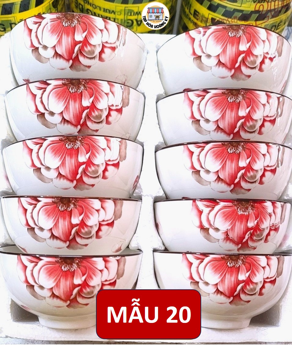 Bộ 10 Chén gốm sứ ăn cơm hoa văn 4D viền miệng chén ( không hộp Mousse)