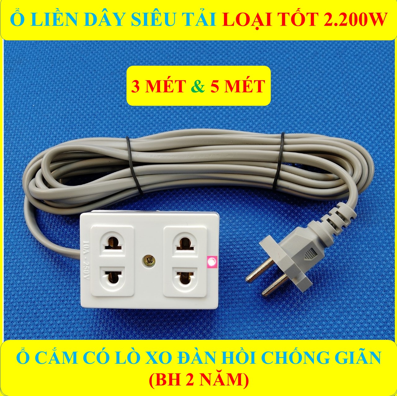 Ổ cắm điện liền dây đa năng CHỊU TẢI CAO 2200W có màng che an toàn + Dây dài 3/5 Mét + Ổ cắm đa năng có lò xo chống giãn đàn hồi HÀNG LOẠI 1 cao cấp