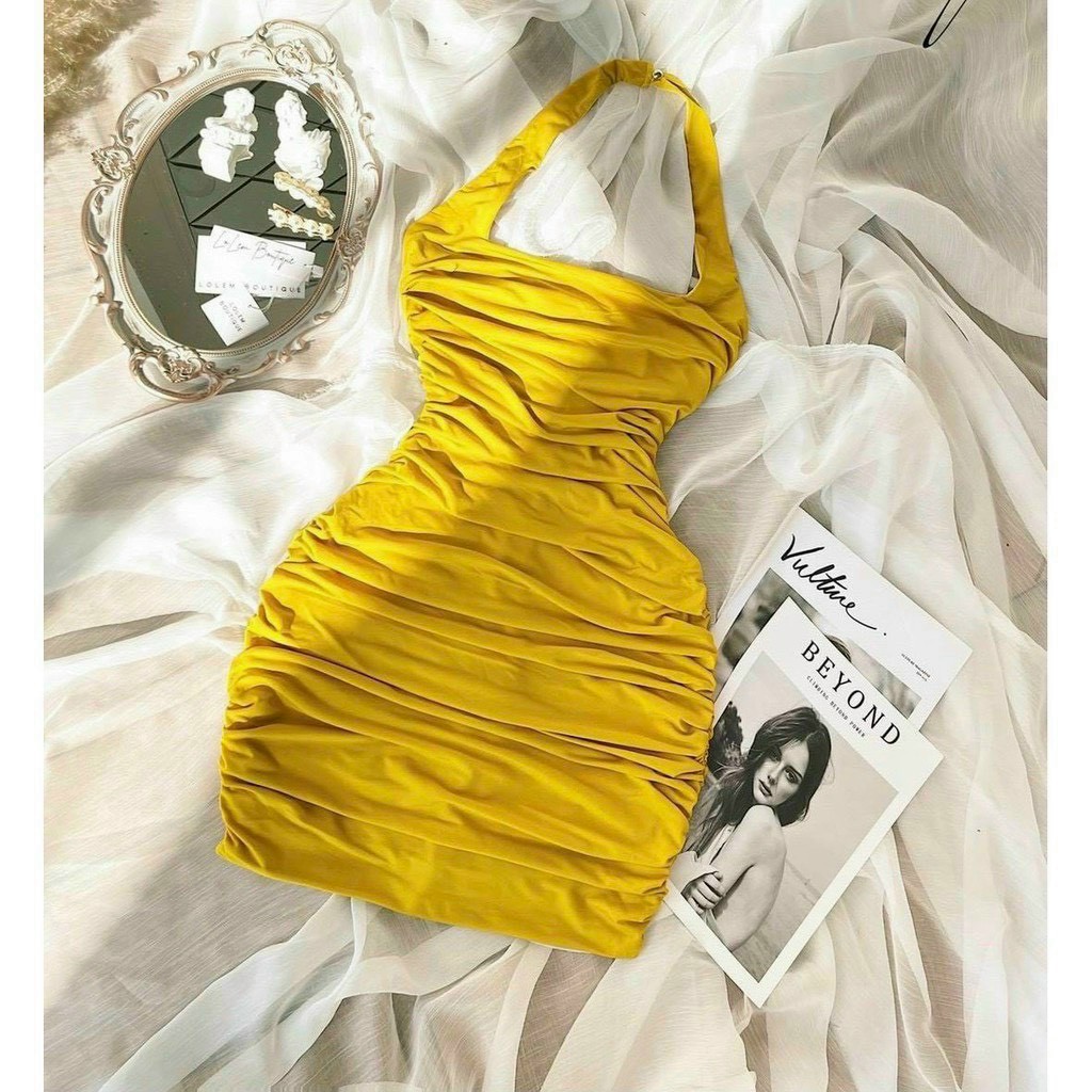đầm body cổ vuông phối dây yếm nữ vải thun lụa utrrb
