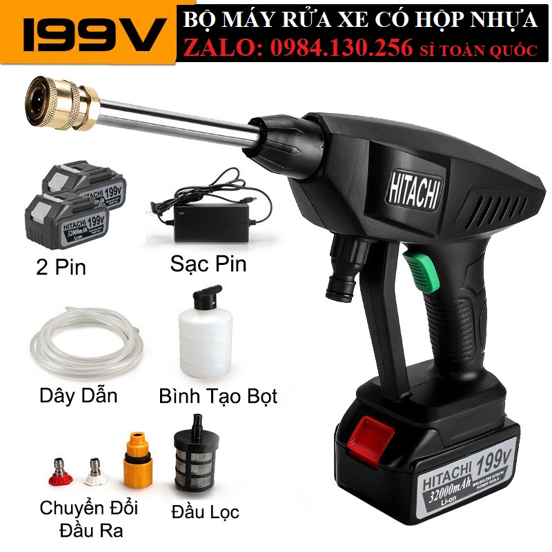 Máy rửa xe dùng pin mini, Máy xịt rửa tăng áp Hitachi 199V, Bộ 2pin áp lực cao 1400W