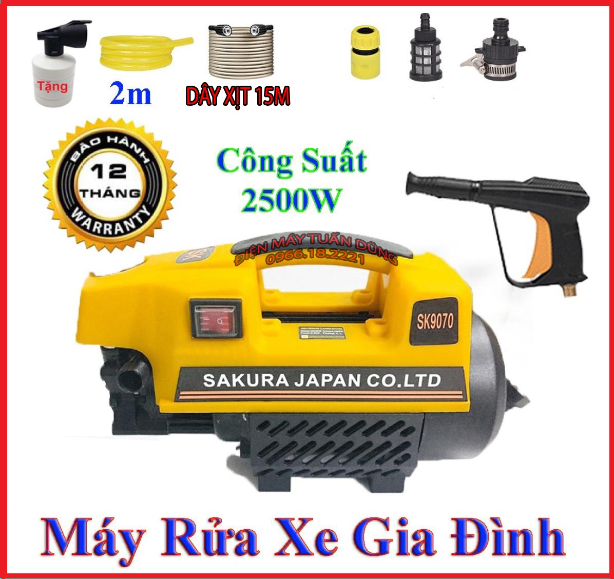 Máy rửa xe Sakura 2500W, dây 15m, 100% dây đồng, có bình bọt