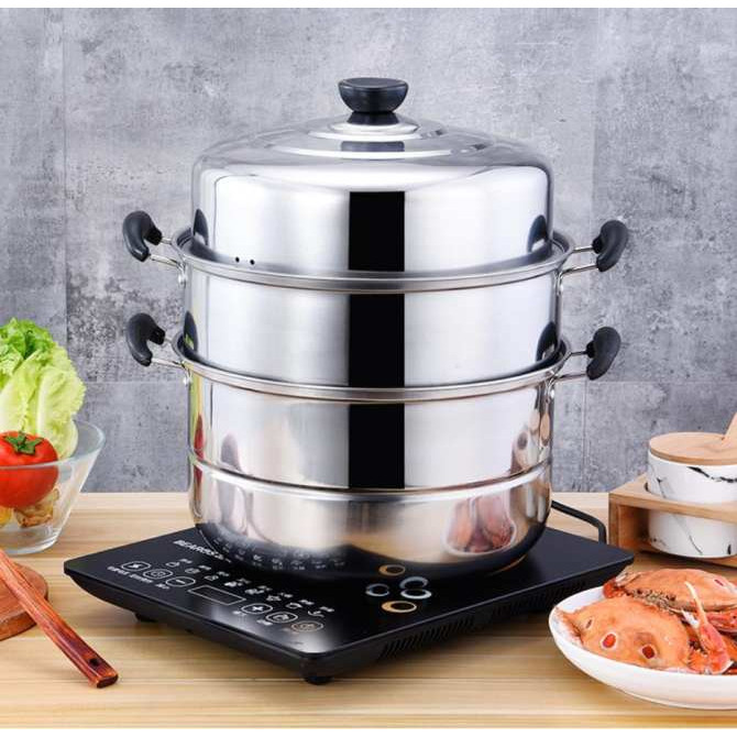 Nồi hấp inox đa năng 2 tầng 3 đáy cao cấp, Nồi hấp 3 tầng đường kính 28cm dùng trên mọi loại bếp (28 cm) + Tặng khăn lau tay nhà bếp có móc treo
