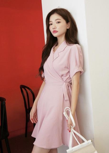 Đầm hồng cổ vest đắp tà (kèm hình thật)