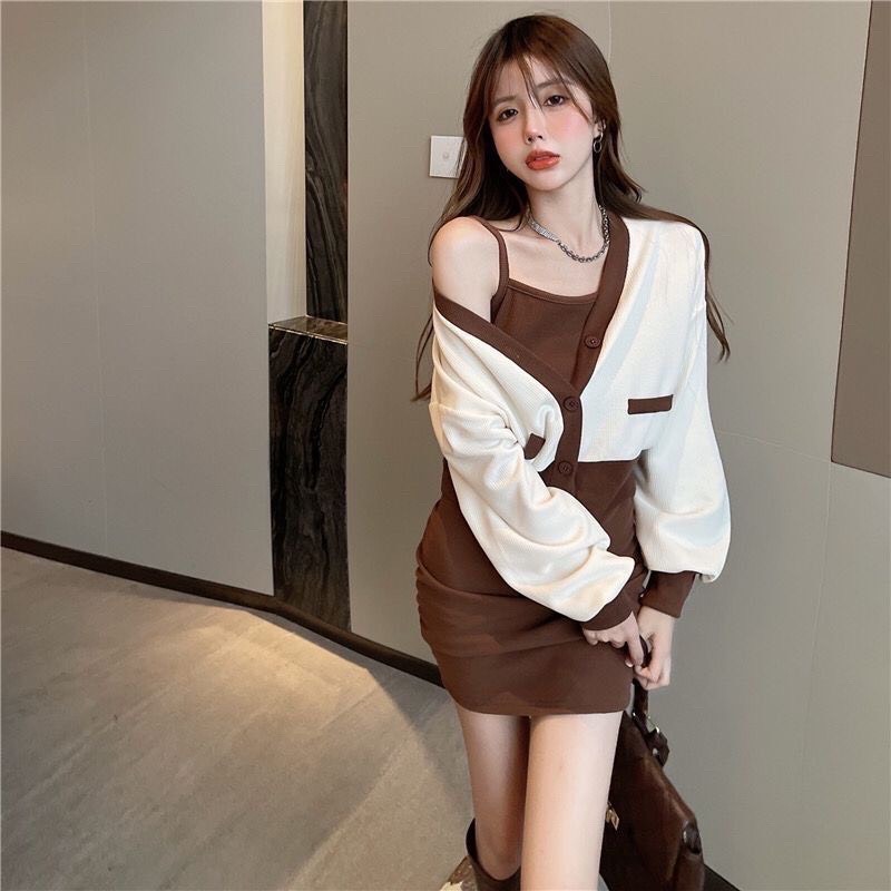 Set 2 món đầm ba lỗ + áo khoác phối màu