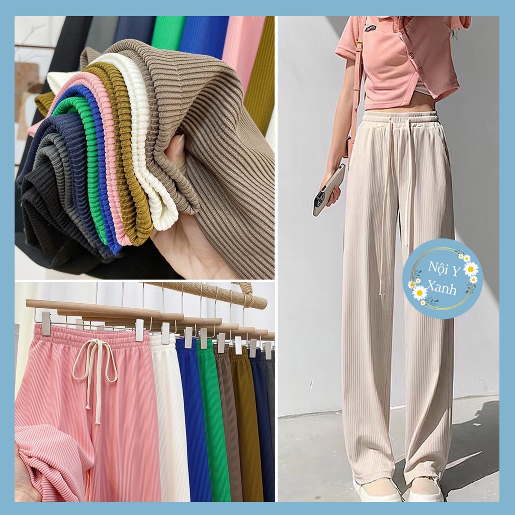 Quần ống rộng dài 95cm thun tăm xuất hàn lưng cao cạp chun dây rút dáng xuông dài Quần culottes ống suông co dãn vải mát