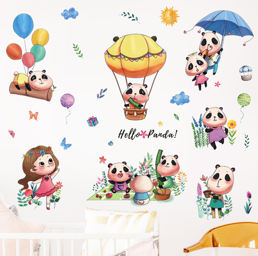 Decal dán tường trang trí - hello panda cùng bé gái tinh nghịch