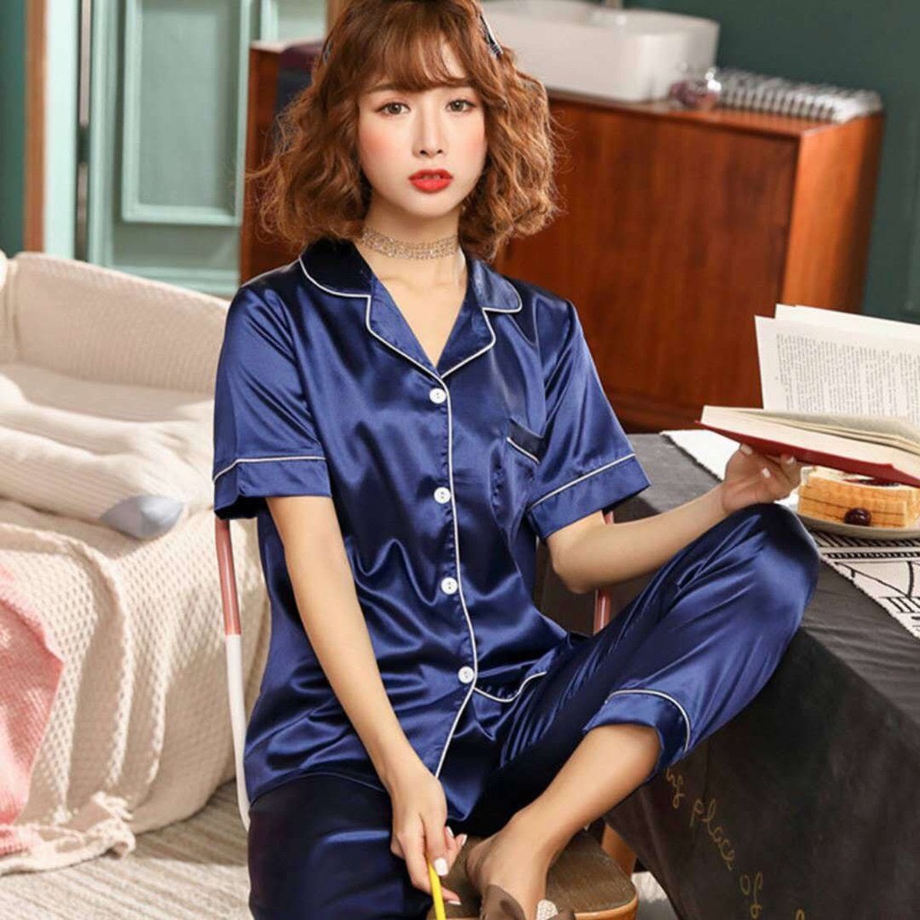 [ RẺ VÔ ĐỊCH ] Bộ Lụa Mặc Nhà Nữ Trơn Cộc Tay Quần Dài Chất Lụa Siêu Mềm ( Hàng Luôn Sẵn) B